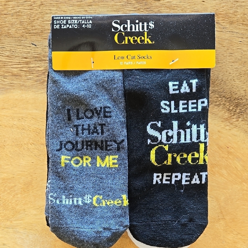 Schitts Creek Gray, White, and Black Crew Socks with Show Quotes